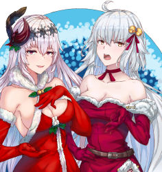 Rule 34 | 2girls, alternate costume, bare shoulders, bell, blue background, bow, breasts, christmas, cleavage, cowboy shot, dark jeanne, elbow gloves, fate/grand order, fate (series), feathers, fur collar, fur trim, gloves, granblue fantasy, hair ornament, highres, jeanne d&#039;arc (fate), jeanne d&#039;arc alter (avenger) (fate), jeanne d&#039;arc alter (fate), jingle bell, kinoko (shikimylove), large breasts, long hair, looking at viewer, mistletoe, multiple girls, open mouth, red bow, red eyes, red ribbon, ribbon, santa costume, simple background, smile, tsurime, white background, white hair, yellow eyes