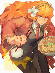 Rule 34 | 1girl, baozi, black jacket, black pants, bowl, brown hairband, chopsticks, closed mouth, collared shirt, cowboy shot, eating, food, freckles, green eyes, hairband, highres, holding, holding bowl, holding chopsticks, ishmael (project moon), jacket, limbus company, long hair, looking at viewer, necktie, noodles, orange hair, pants, project moon, ramen, red jacket, red necktie, rope, satome setsuko, shirt, sidelocks, simple background, solo, sweat, very long hair, white background, white shirt