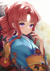 Rule 34 | 1girl, absurdres, akino (princess connect!), blue kimono, brown hair, closed mouth, commentary request, floral print, flower, furisode, hair bun, hand up, highres, japanese clothes, kimono, kodama (koda mat), long sleeves, looking at viewer, looking to the side, obi, parted bangs, princess connect!, print kimono, purple eyes, red flower, ringlets, sash, single hair bun, smile, solo, upper body, wide sleeves