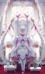 Rule 34 | + +, 1girl, absurdly long hair, absurdres, albino, armchair, bad id, bad pixiv id, blush, bow, chair, closed mouth, collarbone, dragon girl, dragon wings, full body, high heels, highres, lolita fashion, long hair, looking at viewer, okazu (eightstudio), original, pantyhose, purple bow, purple eyes, smile, standing, thick eyebrows, twintails, very long hair, white footwear, white hair, wings