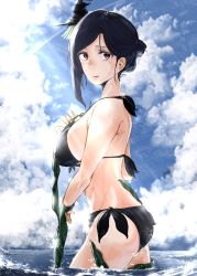 Rule 34 | 1girl, bikini, black bikini, black hair, blue sky, breasts, cloud, cloudy sky, commentary request, day, front-tie bikini top, front-tie top, hair ornament, highres, kantai collection, large breasts, lens flare, looking at viewer, ocean, partially submerged, red eyes, seaweed, short hair, side-tie bikini bottom, sideboob, sky, solo, sweatdrop, swimsuit, uka (ameshita11), wading, wakame (seaweed), water, yamashiro (kancolle)