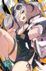 Rule 34 | 1girl, absurdres, animal ears, arknights, breasts, china dress, chinese clothes, cleavage, cleavage cutout, clenched hands, clothing cutout, dress, eyewear on head, feater (arknights), furuki ayaginutaira, grey hair, hair over one eye, highres, large breasts, leg up, material growth, multicolored hair, oripathy lesion (arknights), panda ears, solo, streaked hair, sunglasses, twintails