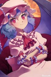 Rule 34 | 1girl, ascot, back bow, bat wings, blouse, blue hair, blush, bow, closed mouth, commentary request, cowboy shot, crossed arms, frilled sash, frilled sleeves, frills, hair between eyes, hat, highres, hnt-yuhk-7, looking at viewer, mob cap, moon, night, parted lips, puffy short sleeves, puffy sleeves, purple hat, purple shirt, purple skirt, red ascot, red eyes, red sash, red sky, remilia scarlet, sash, shirt, short hair, short sleeves, skirt, sky, smile, solo, standing, touhou, twitter username, wings, wrist cuffs