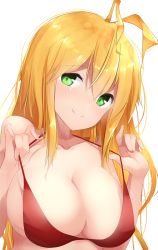 Rule 34 | 1girl, antenna hair, bare shoulders, blonde hair, blush, breasts, cleavage, closed mouth, collarbone, covered erect nipples, green eyes, hair between eyes, head tilt, highres, large breasts, long hair, nose blush, pulled by self, smile, solo, strap pull, tsurumaki maki, voiceroid, yusake san
