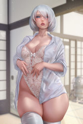 Rule 34 | 1girl, alternate costume, blue eyes, breasts, collarbone, commentary, covered navel, cowboy shot, english commentary, hair over one eye, highres, indoors, large breasts, leotard, medium breasts, mole, mole under mouth, nier (series), nier:automata, open clothes, open shirt, paid reward available, prywinko, shirt, skindentation, solo, standing, thick thighs, thighhighs, thighs, white hair, white leotard, white shirt, white thighhighs, 2b (nier:automata)