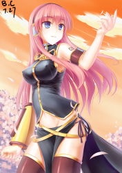 Rule 34 | 1girl, absurdres, blue eyes, breasts, covered erect nipples, grin, hei mao de zu ji, highres, impossible clothes, large breasts, long hair, megurine luka, navel, pink hair, smile, solo, thighhighs, vocaloid
