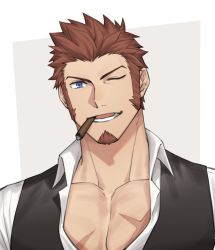 Rule 34 | &gt; o, 00047, 1boy, bara, black vest, blue eyes, brown hair, cigarette, collared shirt, cross scar, facial hair, fate/grand order, fate (series), goatee, highres, long sideburns, looking at viewer, male focus, napoleon bonaparte (fate), one eye closed, pectoral cleavage, pectorals, scar, scar on chest, shirt, short hair, sideburns, smile, solo, upper body, vest, white shirt