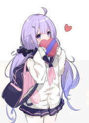 Rule 34 | 1girl, absurdres, ahoge, anchor symbol, azur lane, backpack, bag, black sailor collar, black scrunchie, black skirt, blush, box, cardigan, covered mouth, covering own mouth, cowboy shot, gift, gift box, hair between eyes, hair ornament, hair scrunchie, hairclip, hands up, heart, heart-shaped box, highres, holding, holding box, holding gift, long hair, long sleeves, looking at viewer, low twintails, miniskirt, neckerchief, pantyhose, pink neckerchief, pleated skirt, purple eyes, purple hair, sailor collar, school uniform, scrunchie, serafuku, simple background, skirt, sleeves past wrists, solo, standing, twintails, unicorn (azur lane), unicorn (long-awaited date) (azur lane), uniform, valentine, very long hair, white background, white cardigan, white pantyhose, x hair ornament