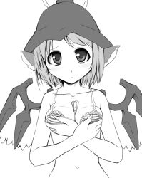 Rule 34 | 1girl, animal ears, bare shoulders, between breasts, blush, bra, breast hold, breasts, female focus, frown, greyscale, hat, large breasts, lingerie, monochrome, mystia lorelei, short hair, simple background, solo, touhou, underwear, wings, you naka