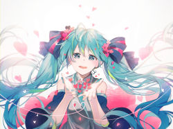 Rule 34 | 1girl, backlighting, detached sleeves, floating hair, green eyes, green hair, hatsune miku, heart, highres, long hair, nail polish, necktie, open mouth, solo, tatsumi3, twintails, upper body, very long hair, vocaloid