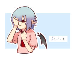 Rule 34 | 1girl, bat wings, blue background, blue hair, border, breasts, commentary, covering one eye, cropped torso, crying, crying with eyes open, dress, hands up, nail polish, no headwear, outline, outside border, pink dress, pointy ears, puffy short sleeves, puffy sleeves, red eyes, red nails, red neckwear, remilia scarlet, short hair, short sleeves, simple background, small breasts, solo, tears, touhou, upper body, white border, white outline, wing collar, wings, yoruny