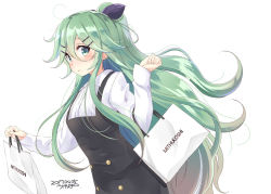 Rule 34 | 10s, 1girl, ahoge, artist name, bag, blouse, blush, casual, closed mouth, dated, dress, from side, green eyes, green hair, hair between eyes, hair flaps, hair ornament, hairclip, hand up, kantai collection, long hair, long sleeves, looking at viewer, mitsukoshi (department store), pinafore dress, ponytail, shirt, shopping bag, sidelocks, signature, simple background, sleeveless dress, solo, ugeppa, upper body, very long hair, white background, white shirt, yamakaze (kancolle)