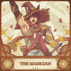 Rule 34 | 1boy, armor, brown eyes, brown hair, card (medium), falling petals, hand up, hat, looking at viewer, male focus, mazjojo, muscular, muscular male, open mouth, original, petals, red scarf, scarf, short hair, solo, star (symbol), sword, tarot, tarot (medium), the magician (tarot), weapon, witch hat