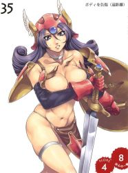 Rule 34 | 00s, 1girl, armor, bikini, bikini armor, breasts, chunsoft, cleavage, covering privates, covering breasts, curvy, dragon quest, dragon quest iii, elbow gloves, enix, gloves, helmet, highres, large breasts, long hair, mizuryu kei, no panties, purple eyes, purple hair, queen&#039;s blade, queen&#039;s gate, soldier (dq3), solo, square enix, swimsuit, sword, torn clothes, wardrobe malfunction, weapon, winged helmet