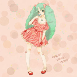 Rule 34 | 1970s (style), 1girl, alternate costume, aqua eyes, aqua hair, bad id, bad pixiv id, bow, candice white ardlay, candy, candy candy, crossover, dress, food, hair bow, hand in pocket, hatsune miku, kneehighs, long hair, mary janes, mizutamako, oldschool, parody, retro artstyle, shoes, smile, socks, solo, standing, striped, twintails, vocaloid, white socks