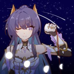 Rule 34 | 1girl, armor, bare shoulders, chinese commentary, closed mouth, colored inner hair, cup, detached sleeves, high ponytail, highres, holding, holding cup, honkai (series), honkai impact 3rd, long hair, looking to the side, multicolored hair, night, night sky, one eye closed, ponytail, raiden mei, raiden mei (herrscher of origin), sky, smile, solo, string phone, white armor, xingg26833522