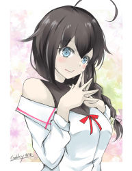 Rule 34 | 1girl, ahoge, black hair, black shirt, blouse, blue eyes, braid, gakky, hair flaps, hair ornament, hair over shoulder, kantai collection, layered shirt, looking at viewer, off-shoulder shirt, off shoulder, official alternate costume, one-hour drawing challenge, shigure (kancolle), shirt, single braid, solo, steepled fingers, turtleneck, upper body, white shirt