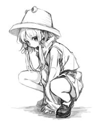 Rule 34 | 1girl, 80isiiii, absurdres, blush, closed mouth, full body, greyscale, hair ribbon, hat, highres, long hair, long sleeves, monochrome, moriya suwako, ribbon, shirt, shoes, simple background, sketch, skirt, solo, squatting, touhou, tress ribbon, vest, white background, wide sleeves