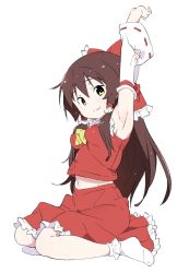 Rule 34 | 1girl, :3, armpits, ascot, bow, breasts, brown hair, collar, detached sleeves, dress, frills, hair bow, hair tubes, hakurei reimu, highres, kt kkz, long hair, looking at viewer, nontraditional miko, outstretched arm, red bow, red dress, red shirt, red skirt, ribbon-trimmed sleeves, ribbon trim, shirt, sidelocks, simple background, skirt, skirt set, sleeveless, sleeveless dress, small breasts, smile, socks, solo, stretching, touhou, white background, white collar, white socks, yellow ascot, yellow eyes