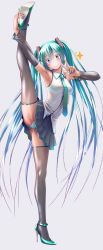 Rule 34 | 1girl, aqua eyes, aqua hair, aqua necktie, blue eyes, blue hair, blush, bra visible through clothes, breasts, cameltoe, commentary request, detached sleeves, double v, flexible, hair ornament, hatsune miku, high heels, highres, leg lift, leg up, long hair, looking at viewer, medium breasts, nail polish, necktie, panties, simple background, skirt, smile, solo, sparkle, split, spread legs, standing, standing on one leg, standing split, striped clothes, striped panties, thighhighs, thighs, twintails, underwear, v, very long hair, vocaloid, wokada