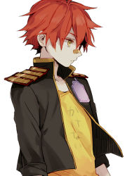 Rule 34 | 10s, 1boy, aizen kunitoshi, bad id, bad pixiv id, bandaid, bandaid on face, bandaid on nose, male focus, personification, red hair, simple background, sleeves rolled up, solo, touken ranbu, upper body, white background, yellow eyes, yuzudaze