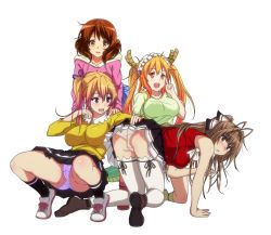 Rule 34 | 4girls, :d, :o, all fours, amagi brilliant park, ankle boots, antenna hair, ascot, ass, assisted exposure, bare arms, bare shoulders, black ribbon, black skirt, black socks, blonde hair, blue skirt, blush, boots, breasts, brown eyes, brown footwear, brown hair, cameltoe, cleavage, clothes lift, crossover, dragon horns, frills, full body, gradient hair, green shirt, greyscale, hair intakes, hanging breasts, hibike! euphonium, hood, hood down, hooded sweater, hoodie, horns, index finger raised, kawakami mai, kneehighs, kneeling, kobayashi-san chi no maidragon, large breasts, leaning back, lifting another&#039;s clothes, long hair, long sleeves, looking at viewer, looking back, looking to the side, maid headdress, mole, mole under eye, monochrome, multicolored hair, multiple girls, musaigen no phantom world, nose blush, open mouth, orange hair, oumae kumiko, panties, pantyshot, parted lips, pink hair, pink panties, pink sweater, pleated skirt, ponytail, purple eyes, red eyes, red shirt, ribbon, round teeth, sbel02, sento isuzu, shirt, short hair, short sleeves, side ponytail, simple background, skirt, skirt lift, sleeveless, sleeveless shirt, smile, socks, spread legs, squatting, standing, sweater, tareme, teeth, thighhighs, thighs, tiptoes, tohru (maidragon), twintails, underwear, upskirt, very long hair, white ascot, white background, white footwear, white panties, yellow shirt