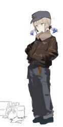 Rule 34 | 1other, aqua eyes, astg, black footwear, blue hair, blunt bangs, bomber jacket, brown jacket, engineer nemo (fate), fate/grand order, fate (series), full body, gradient hair, grey hat, grey pants, hands in pocket, hat, highres, jacket, light brown hair, long sleeves, multicolored hair, nemo (fate), pants, short twintails, simple background, solo, standing, twintails, white background