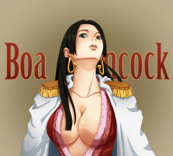 Rule 34 | 1girl, amazon lily, amazon warrior, black hair, blue eyes, boa hancock, breasts, character name, cleavage, corey miller, earrings, epaulettes, female focus, jewelry, long hair, looking down, no bra, one piece, solo, very long hair