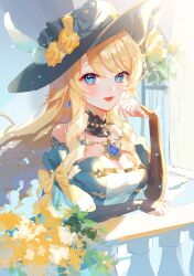 Rule 34 | 1girl, :d, absurdres, balcony, bare shoulders, black gloves, black hat, blonde hair, blue dress, blue eyes, blush, breasts, bridal gauntlets, brooch, cleavage, day, detached collar, dress, earrings, elbow gloves, flower, genshin impact, gloves, hand on own cheek, hand on own face, harushio, hat, hat feather, hat flower, head rest, highres, jewelry, large breasts, leaning forward, long bangs, long hair, looking at viewer, navia (genshin impact), off-shoulder dress, off shoulder, on railing, open mouth, outdoors, railing, sidelocks, smile, solo, straight hair, swept bangs, yellow flower