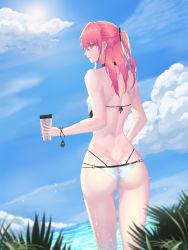 1girl, absurdres, ass, back, bangs, bikini, blue eyes, blue sky, butt crack, closed mouth, cloud, cloudy sky, cup, eyebrows visible through hair, from below, girls frontline, hair ornament, highres, holding, holding cup, long hair, looking at viewer, looking back, ocean, pink hair, ponytail, sky, solo, st ar-15 (girls frontline), standing, swimsuit, thighs, un lim, white bikini