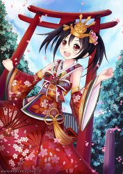 Rule 34 | 10s, 1girl, artist name, black hair, brown eyes, cherry blossoms, detached sleeves, euforia, hair ornament, japanese clothes, long hair, love live!, love live! school idol festival, love live! school idol project, open mouth, outdoors, solo, yazawa nico