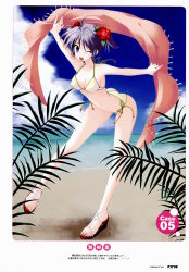 Rule 34 | 1girl, ;d, absurdres, ahoge, beach, bent over, bikini, blue eyes, day, flower, full body, hair flower, hair ornament, hibiscus, highres, magi-cu, miyabi juri, one eye closed, open mouth, outdoors, outstretched arms, purple hair, sandals, short hair, side-tie bikini bottom, smile, solo, spread arms, swimsuit