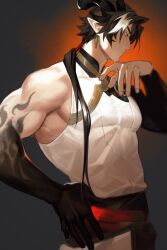 Rule 34 | arknights, chong yue (arknights), dragon boy, dragon horns, highres, horns, long hair, looking to the side, male focus, pointy ears, ponytail, powerlesssong, red eyes, shirt, sleeveless, sleeveless shirt, solo, solo focus, white shirt