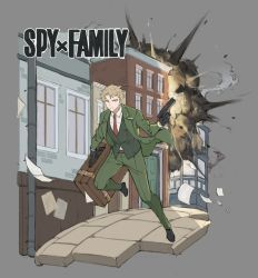 Rule 34 | 1boy, black footwear, black gloves, blonde hair, brick road, briefcase, building, collared shirt, explosion, formal, full body, gloves, green jacket, green pants, green suit, grey background, gun, handgun, highres, holding, holding briefcase, holding gun, holding weapon, jacket, long sleeves, male focus, necktie, outdoors, pants, papajay (jennygin2), paper, parted bangs, red necktie, running, shirt, short hair, solo, spy x family, suit, twilight (spy x family), waistcoat, weapon, white shirt, window
