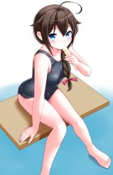 Rule 34 | 1girl, ahoge, blue eyes, braid, breasts, brown hair, food, hair between eyes, hair over shoulder, highres, kantai collection, kaze makase, long hair, looking at viewer, one-piece swimsuit, popsicle, school swimsuit, shigure (kancolle), sitting, small breasts, solo, swimsuit