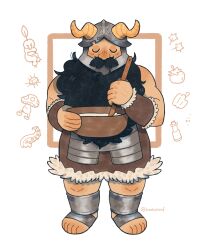 Rule 34 | 1boy, animated, animated gif, beard, boobaloof, brown hair, closed eyes, commentary, cooking, dungeon meshi, dwarf, english commentary, facial hair, fake horns, full body, helmet, highres, horned helmet, horns, inset border, long beard, male focus, mustache, senshi (dungeon meshi), solo, standing, stirring, thick mustache, u u, very long beard