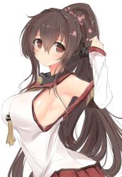 Rule 34 | 10s, 1girl, arm up, armpits, bare shoulders, breasts, brown eyes, brown hair, collarbone, commentary request, covered erect nipples, detached sleeves, hair between eyes, hair ornament, hand in own hair, highres, kantai collection, large breasts, long hair, looking at viewer, nao (qqqbb), pointy hair, sideboob, simple background, smile, solo, sweat, upper body, white background, yamato (kancolle)