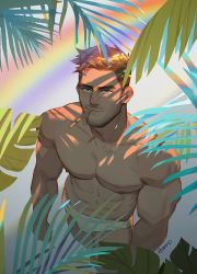 Rule 34 | 1boy, abs, amo (amo9612), artist name, bara, beard, biceps, blonde hair, blue eyes, facial hair, highres, light, light rays, looking at viewer, male focus, male underwear, manly, mature male, muscular, muscular male, mustache, nipples, original, palm tree, pectorals, rainbow, shadow, solo, spiked hair, thick arms, thick eyebrows, topless male, tree, underwear