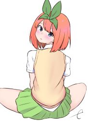Rule 34 | 1girl, blue eyes, blush, collared shirt, commentary, eyebrows hidden by hair, from behind, go-toubun no hanayome, green ribbon, green skirt, hair between eyes, hair ribbon, highres, kujou karasuma, looking at viewer, looking back, nakano yotsuba, pleated skirt, ribbon, shirt, short sleeves, signature, simple background, sitting, skirt, solo, spread legs, sweater vest, symbol-only commentary, white background, white shirt