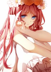 Rule 34 | 1girl, bare arms, bare shoulders, blue eyes, close-up, dress, expressionless, fingernails, flower, frilled dress, frills, hair flower, hair ornament, head wreath, just be friends (vocaloid), long hair, megurine luka, orange flower, paper airplane, pink hair, simple background, solo, tio (uuyuill), vocaloid, white background, white dress, white flower