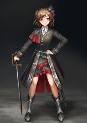 Rule 34 | 10s, 1girl, aijou karen, armored boots, ascot, bad id, bad pixiv id, belt, belt buckle, black background, black footwear, black hat, black jacket, black skirt, blush, boots, brown hair, buckle, capelet, closed mouth, flower, frilled skirt, frills, full body, gradient background, hair flower, hair ornament, hand on own hip, hat, holding, holding sword, holding weapon, jacket, jewelry, knee boots, layered skirt, legs apart, long sleeves, looking at viewer, mini hat, mini top hat, one side up, purple eyes, purple flower, purple rose, ring, rose, shadow, short hair, shoujo kageki revue starlight, skirt, solo, standing, swept bangs, sword, top hat, waist cape, weapon, white ascot, yurichtofen