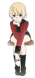 Rule 34 | 10s, 1girl, black footwear, black skirt, blonde hair, blue eyes, boots, braid, closed mouth, cup, darjeeling (girls und panzer), epaulettes, full body, girls und panzer, head rest, holding, jacket, leaning forward, light smile, long sleeves, looking at viewer, military, military uniform, miniskirt, pleated skirt, red jacket, short hair, simple background, sitting, skirt, solo, teacup, twin braids, uniform, wata do chinkuru, white background