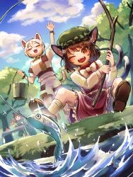 Rule 34 | 3girls, animal, animal ear piercing, animal ears, bell, bow, braid, bucket, cat choker, cat ears, cat girl, cat tail, chen, closed eyes, cloud, commentary request, day, dress, earrings, extra ears, fang, fish, fishing, fishing line, fishing rod, forest, goutokuji mike, green dress, green headwear, hair bow, hand up, hat, highres, holding, holding fishing rod, jewelry, jingle bell, kaenbyou rin, maneki-neko, midriff, mob cap, multicolored clothes, multicolored shirt, multicolored shorts, multicolored tail, multiple girls, multiple tails, nature, navel, neck bell, nekomata, nekotsuki, one eye closed, open mouth, outdoors, patch, patchwork clothes, red hair, shoes, shorts, single earring, sitting, sky, socks, tail, touhou, tree, two tails, water, white bow
