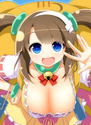 Rule 34 | 10s, 1girl, :d, ahoge, backpack, bag, bell, neck bell, blue eyes, blush, bracelet, breasts, brown hair, choker, cleavage, collarbone, dress, fang, hair ornament, hanging breasts, jewelry, jingle bell, large breasts, leaning forward, looking at viewer, minori (senran kagura), open mouth, senran kagura, senran kagura shinovi versus, short sleeves, smile, solo, twintails, watarui, yellow dress