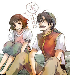Rule 34 | 1boy, 1girl, brown hair, commentary request, closed eyes, gensou suikoden, gensou suikoden ii, gloves, hairband, lowres, nanami (suikoden), open mouth, short hair, smile
