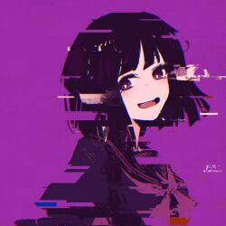 Rule 34 | 1girl, :d, absurdres, anna graem, arms at sides, black hair, black sailor collar, black shirt, blush, dated, glitch, highres, long bangs, long sleeves, looking at viewer, medium hair, neckerchief, open mouth, purple background, purple eyes, purple neckerchief, rnna, sailor collar, shirt, sidelocks, signature, simple background, smile, solo, upper body, va-11 hall-a