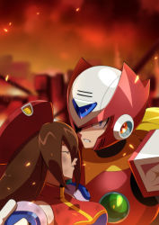 Rule 34 | 1boy, 1girl, android, armor, blonde hair, blurry, blurry background, breasts, brown hair, clenched teeth, closed eyes, cloud, commentary request, head on another&#039;s shoulder, helmet, holding, iris (mega man), looking at viewer, mega man (series), mega man x4, mega man x (series), parco 1315, red armor, red sky, robot, sky, sparkle, spoilers, teeth, upper body, zero (mega man)