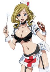 Rule 34 | 1girl, :d, black bra, blonde hair, bra, breasts, choker, cleavage, code geass, collarbone, front-tie top, garter belt, garter straps, grey eyes, hat, holding, jacket, large breasts, long hair, looking at viewer, midriff, milly ashford, miniskirt, navel, nurse, nurse cap, open clothes, open jacket, open mouth, shiny skin, short sleeves, skirt, smile, solo, standing, stomach, thighhighs, tied skirt, transparent background, underwear, white jacket, white skirt, white thighhighs, wrist cuffs