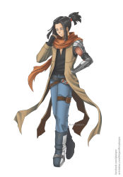 Rule 34 | 1boy, absurdres, alternate costume, android, android 17, black hair, blue eyes, boots, dragon ball, dragonball z, ear piercing, earrings, expressionless, fingerless gloves, full body, geoffrey daigon, gloves, hand in pocket, highres, humanoid robot, jewelry, joints, long coat, male focus, mechanical arms, medium hair, pants, piercing, red ribbon army, robot, robot joints, scarf, short ponytail, single glove, single mechanical arm, white background