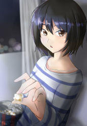 Rule 34 | 1girl, :&lt;, amagami, black hair, blouse, blue shirt, blurry, blurry background, blurry foreground, brown eyes, collarbone, commentary, curtains, food, hair between eyes, highres, holding, holding food, looking at viewer, nanasaki ai, night, open mouth, popcorn, shadow, shirt, short hair, striped clothes, striped shirt, two-tone shirt, upper body, white shirt, window, yoo tenchi